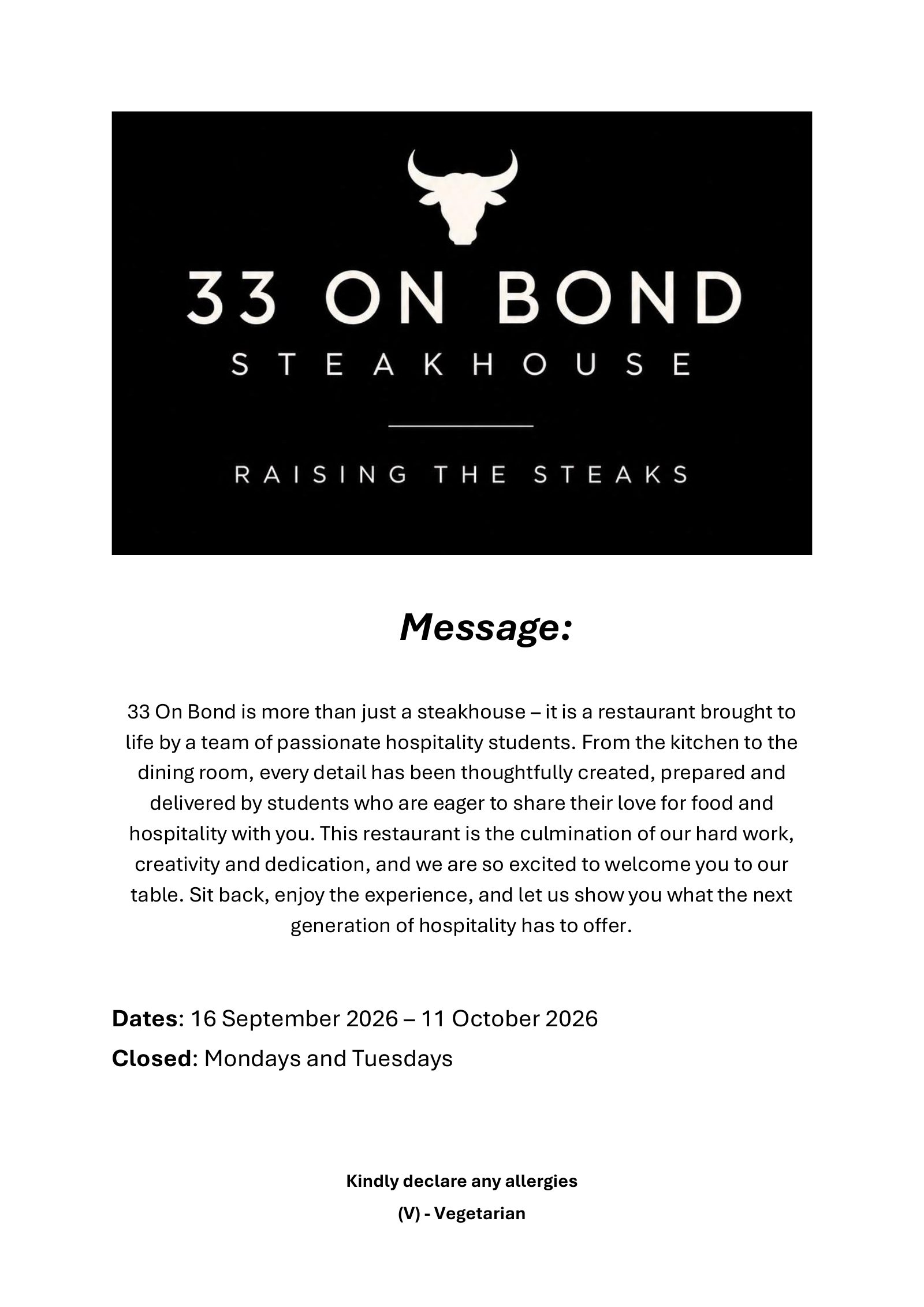 33 On Bond menu, page 1: welcome message, serving dates and allergy notice