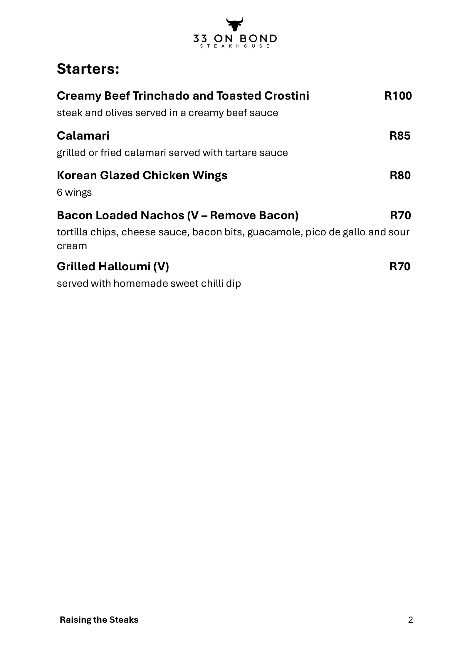 33 On Bond menu, page 2: starters
