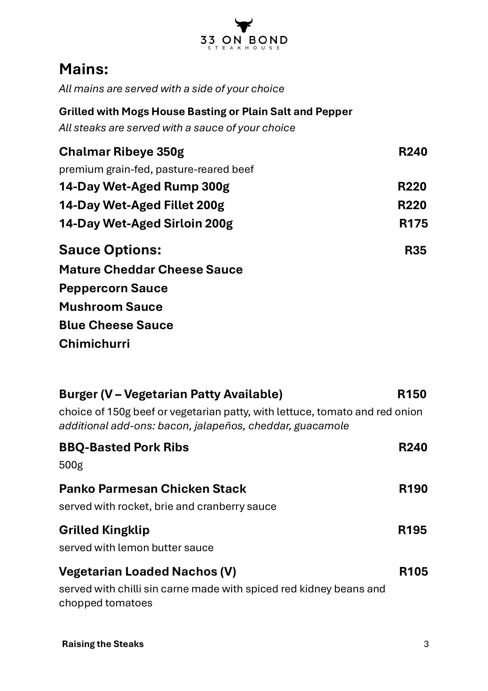 33 On Bond menu, page 3: mains, steaks and sauce options