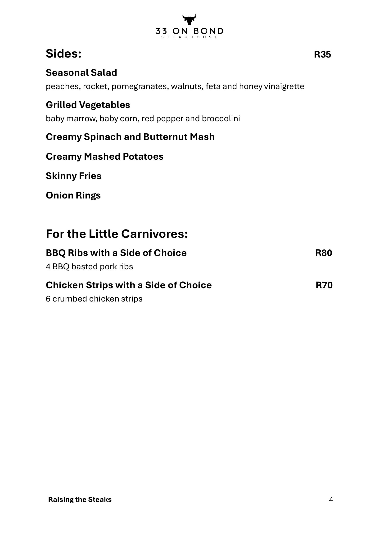 33 On Bond menu, page 4: sides and children's meals