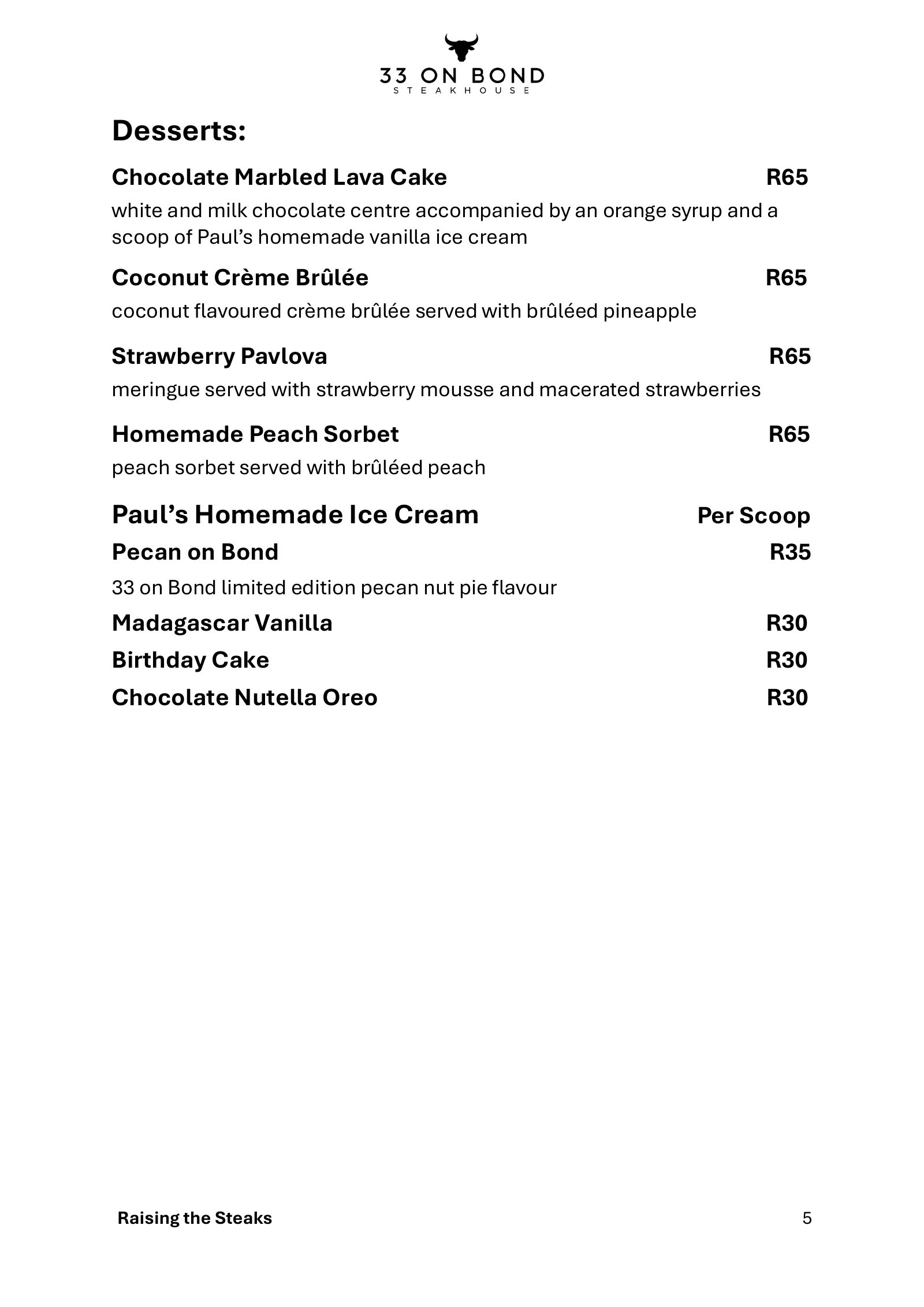 33 On Bond menu, page 5: desserts and homemade ice cream