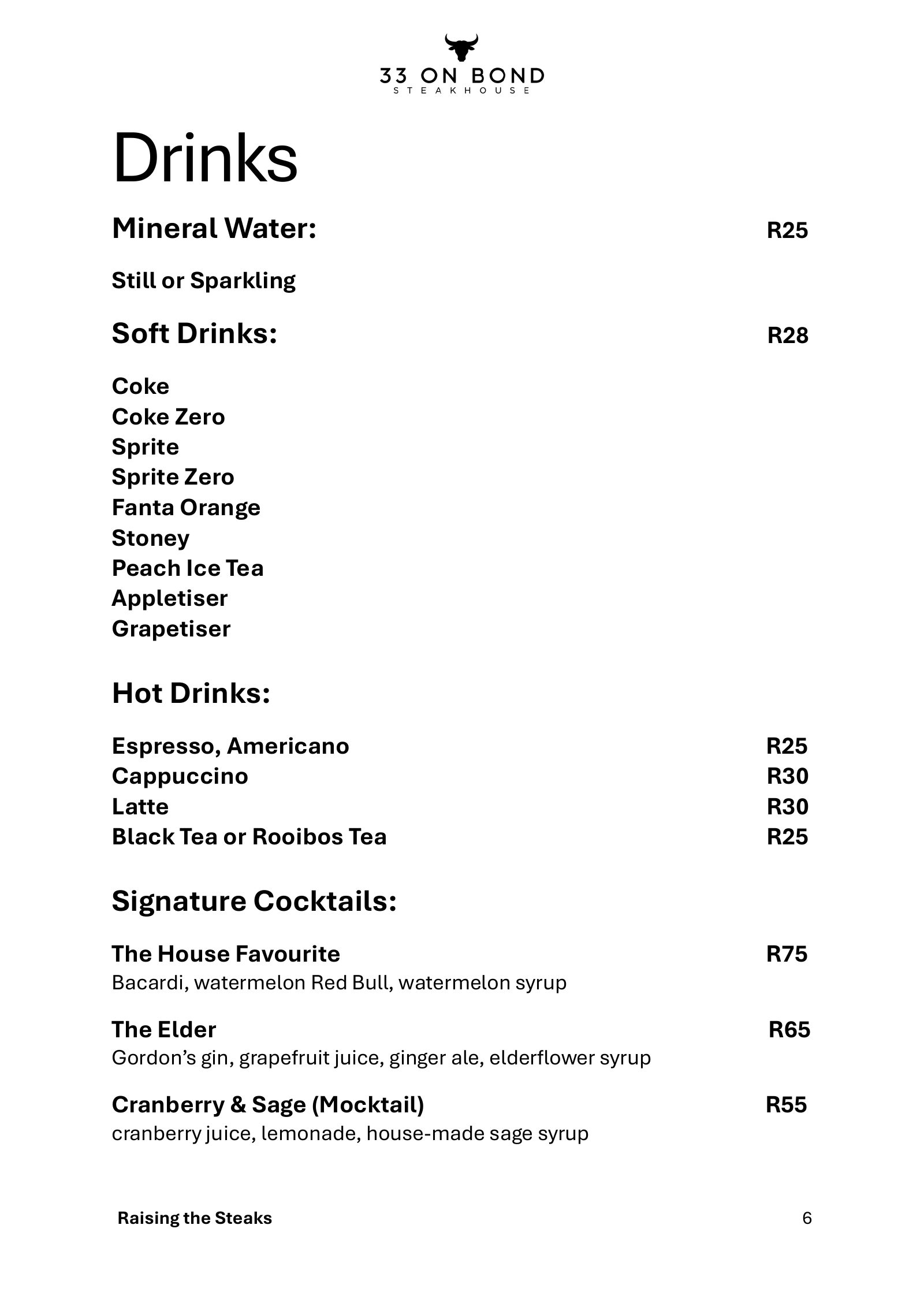 33 On Bond menu, page 6: mineral water, soft drinks, hot drinks and signature cocktails