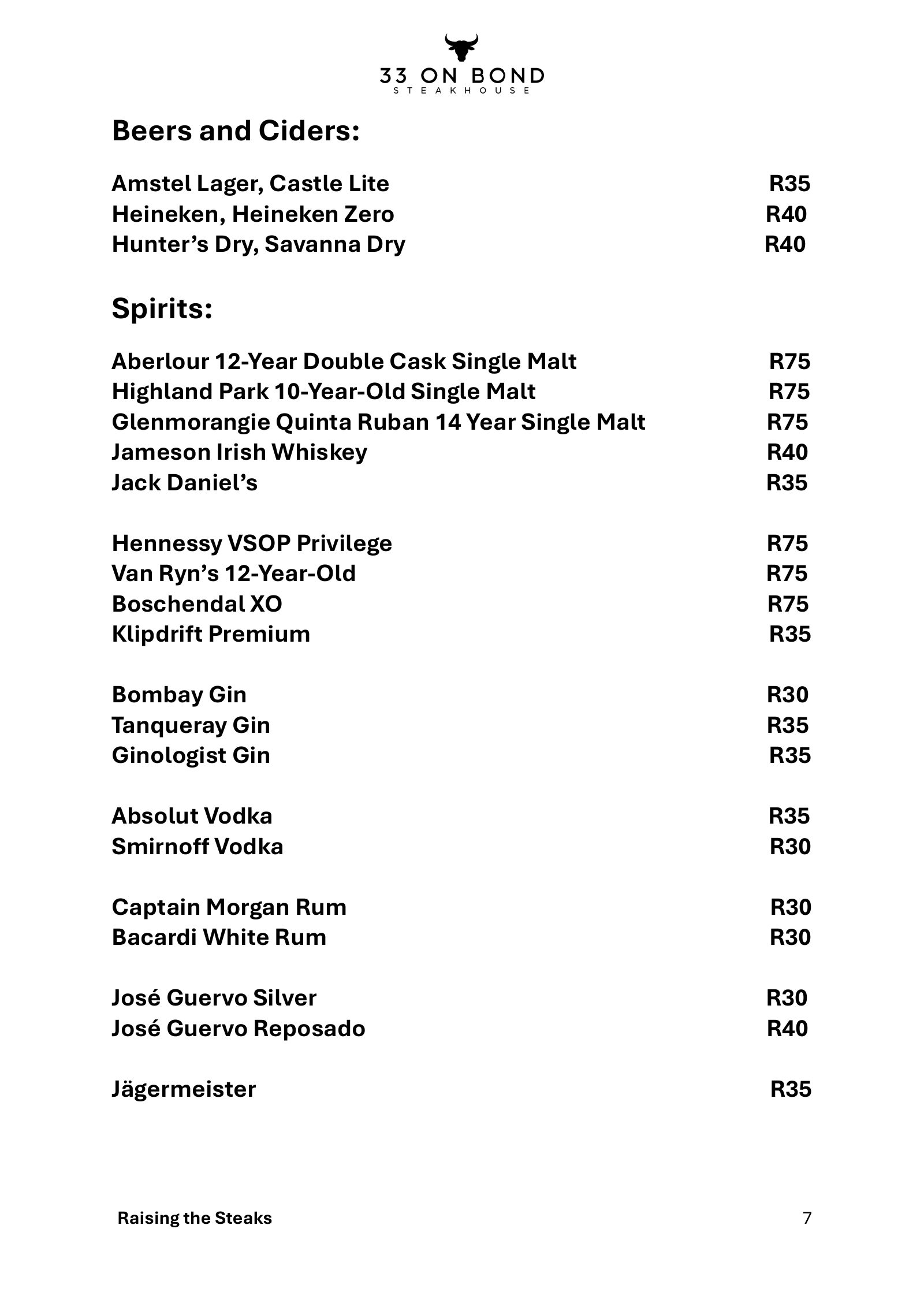 33 On Bond menu, page 7: beers, ciders and spirits