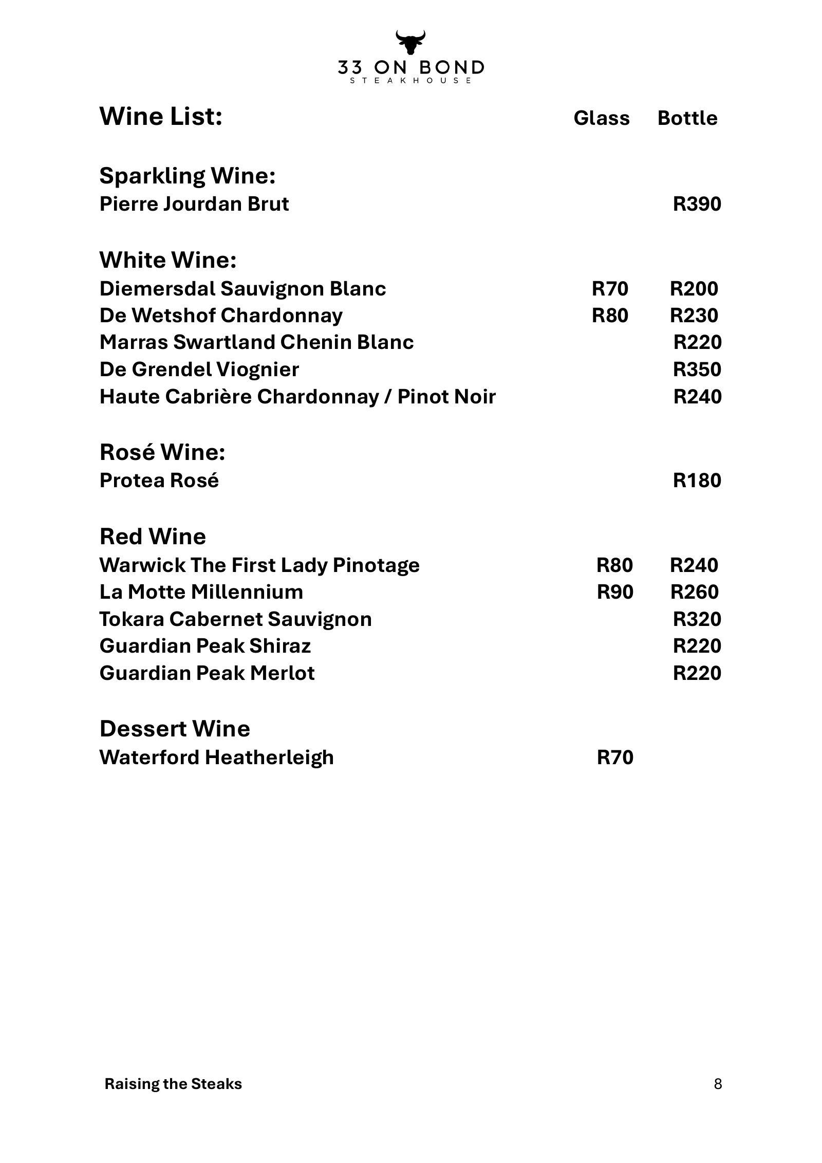 33 On Bond menu, page 8: wine list